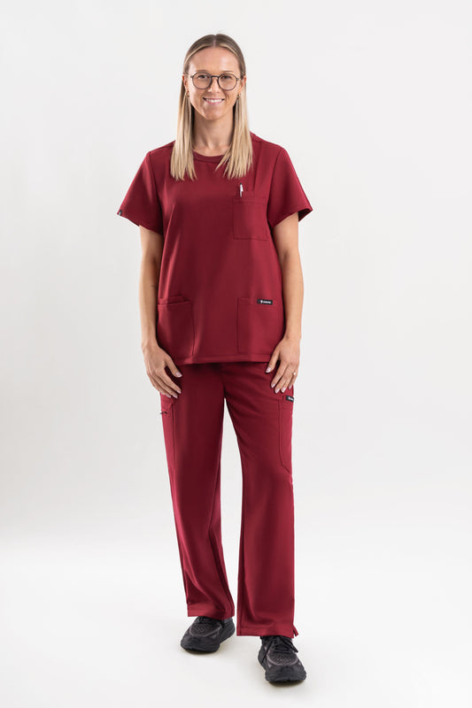 maroon womens crew neck scrub top australia