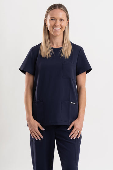 navy blue crew neck scrub top women’s medical uniform