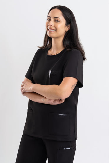 crew neck black scrub top for women nurses