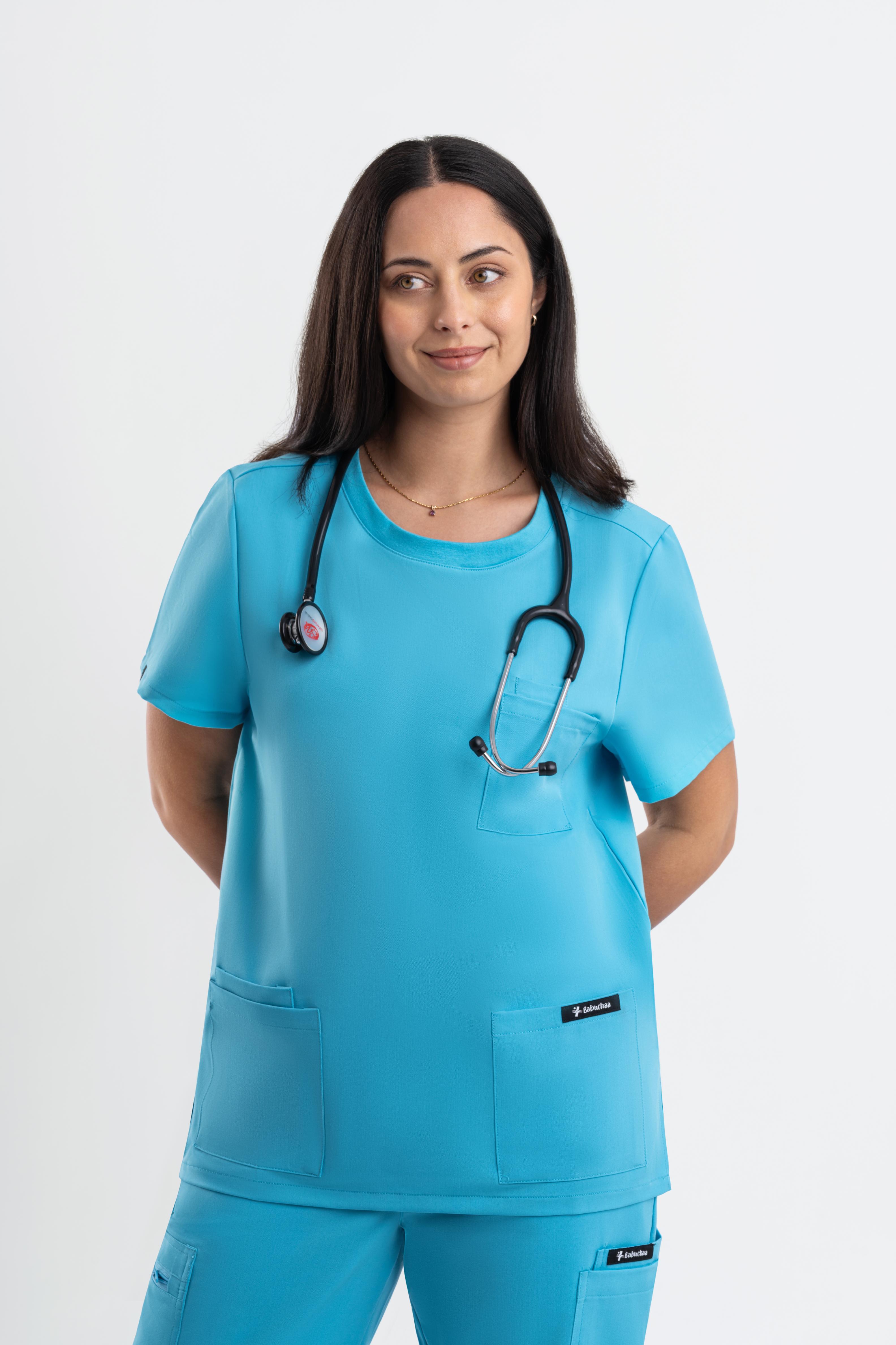 teal womens crew neck scrub top australia